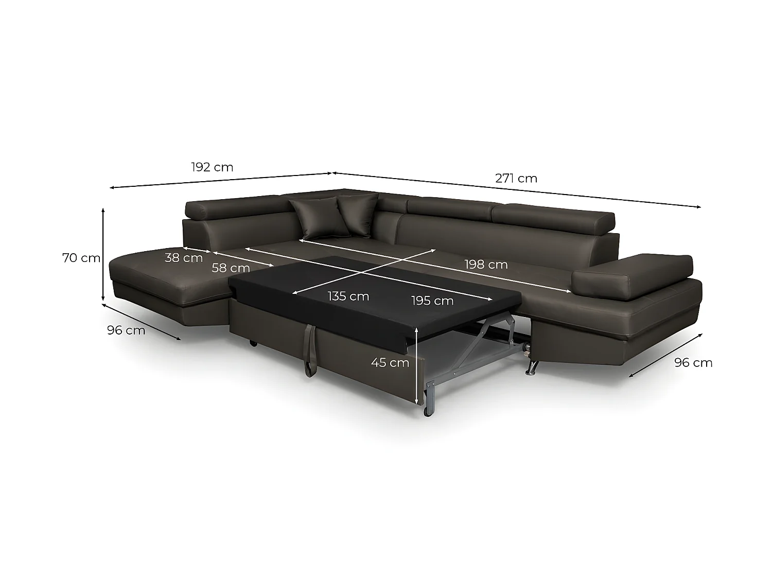 Canapé d'angle gauche 5 places Rio convertible avec coffre en simili - Noir - L271 x P192 x H70cm - Loungitude