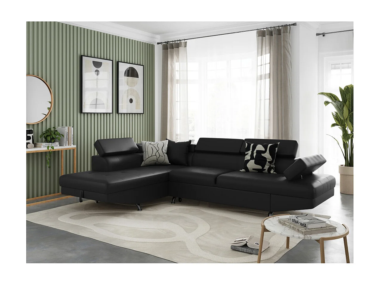 Canapé d'angle gauche 5 places Rio convertible avec coffre en simili - Noir - L271 x P192 x H70cm - Loungitude