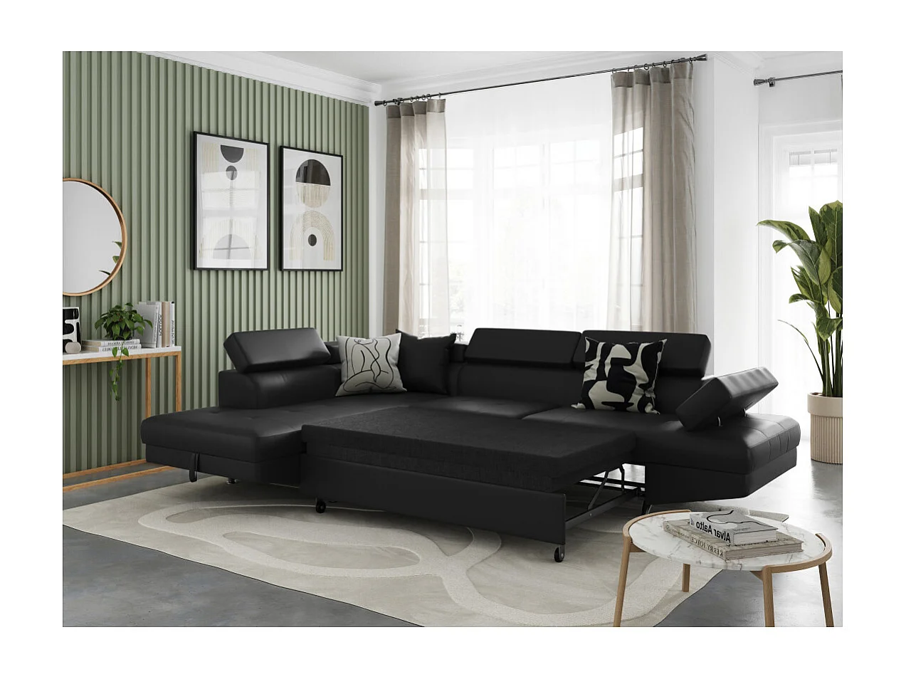 Canapé d'angle gauche 5 places Rio convertible avec coffre en simili - Noir - L271 x P192 x H70cm - Loungitude