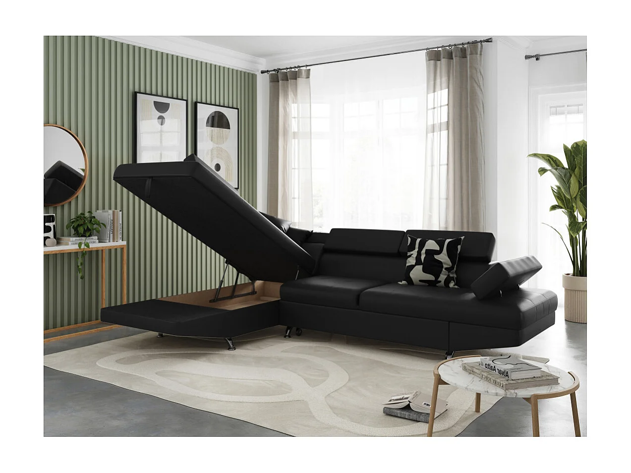 Canapé d'angle gauche 5 places Rio convertible avec coffre en simili - Noir - L271 x P192 x H70cm - Loungitude