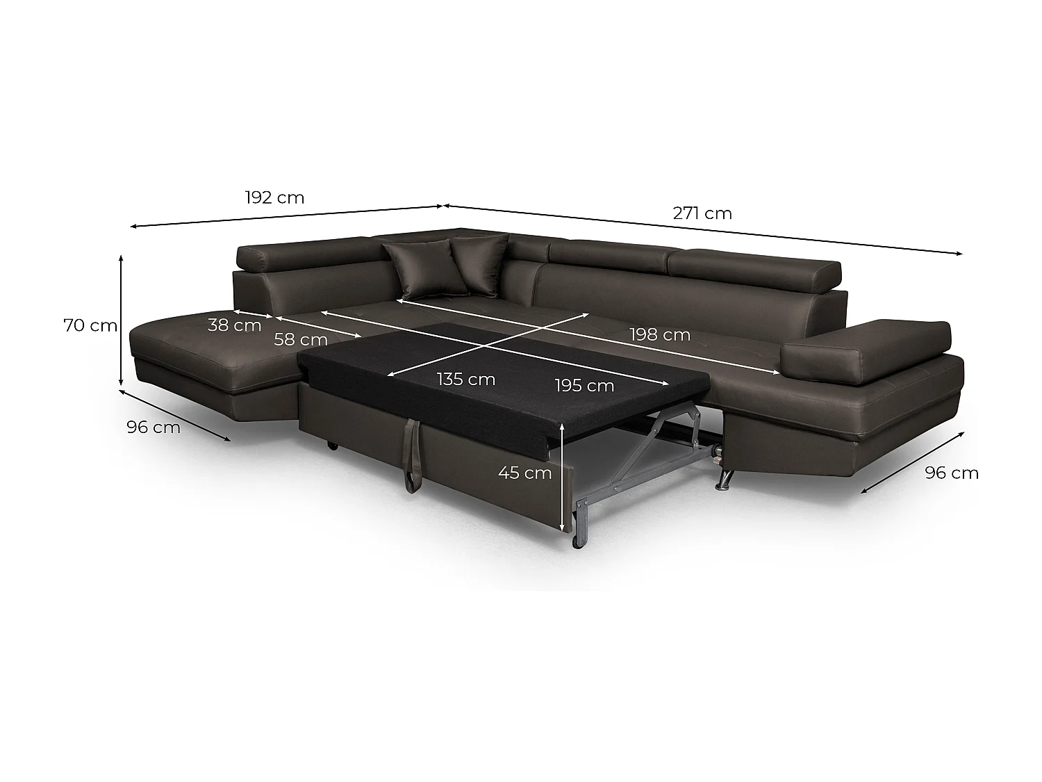 Canapé d'angle gauche 5 places Rio convertible avec coffre en simili - Noir - L271 x P192 x H70cm - Loungitude