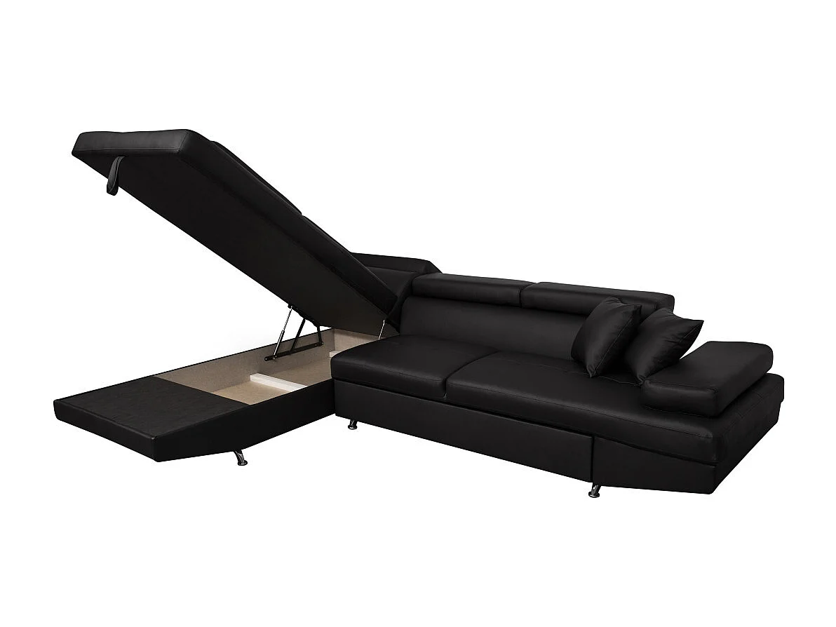 Canapé d'angle gauche 5 places Rio convertible avec coffre en simili - Noir - L271 x P192 x H70cm - Loungitude