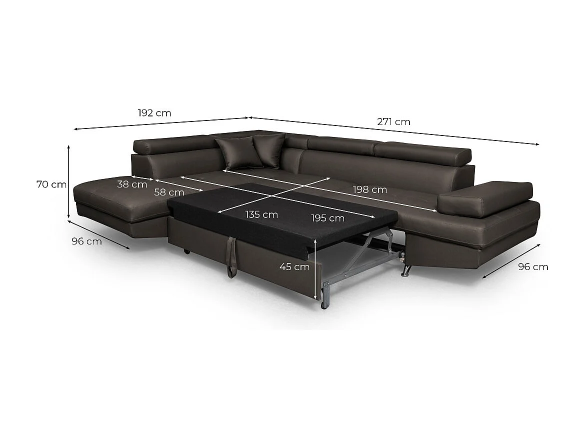 Canapé d'angle gauche 5 places Rio convertible avec coffre en simili - Noir - L271 x P192 x H70cm - Loungitude