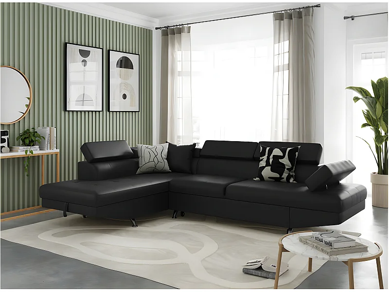 Canapé d'angle gauche 5 places Rio convertible avec coffre en simili - Noir - L271 x P192 x H70cm - Loungitude