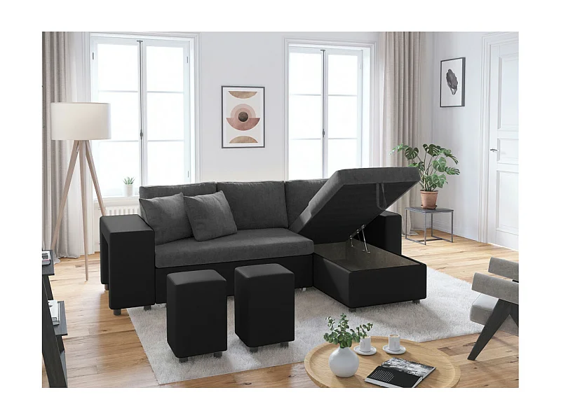 Canapé d'angle 3 places réversible Oslo avec coffre et poufs gauche en bi-matière - Noir/Gris - L241 x P146 x H81cm - Loungitude