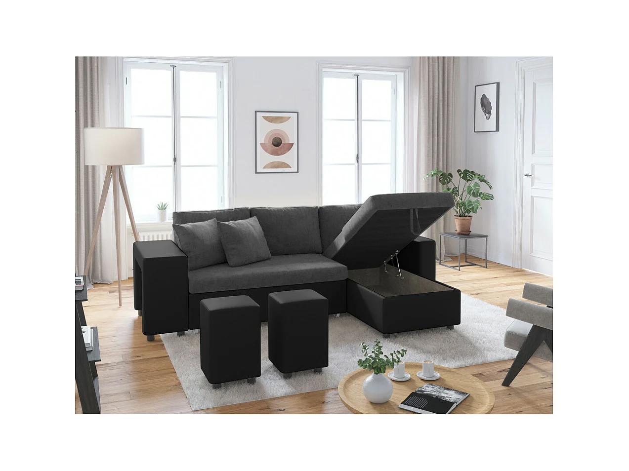 Canapé d'angle 3 places réversible Oslo avec coffre et poufs gauche en bi-matière - Noir/Gris - L241 x P146 x H81cm - Loungitude