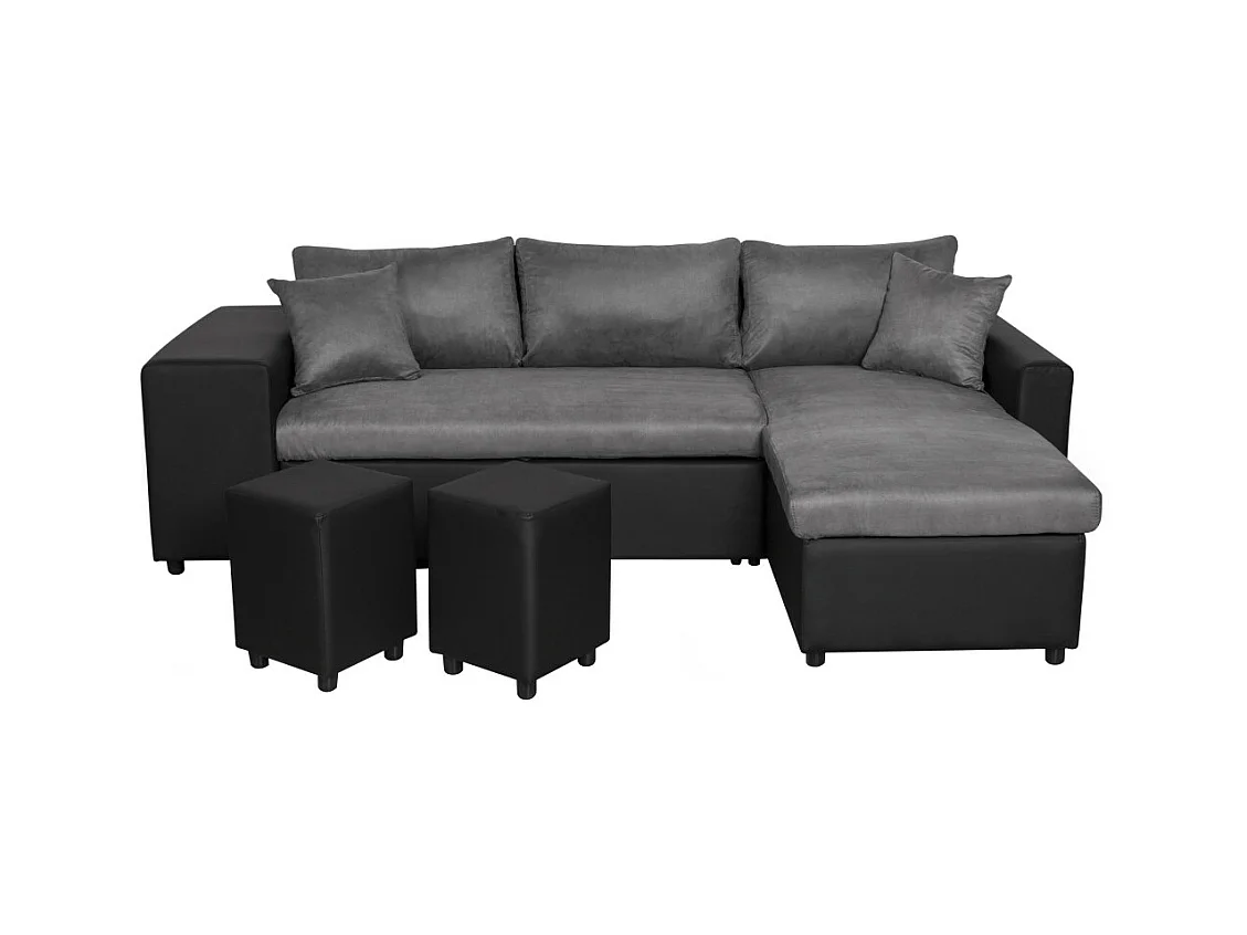 Canapé d'angle 3 places réversible Oslo avec coffre et poufs gauche en bi-matière - Noir/Gris - L241 x P146 x H81cm - Loungitude
