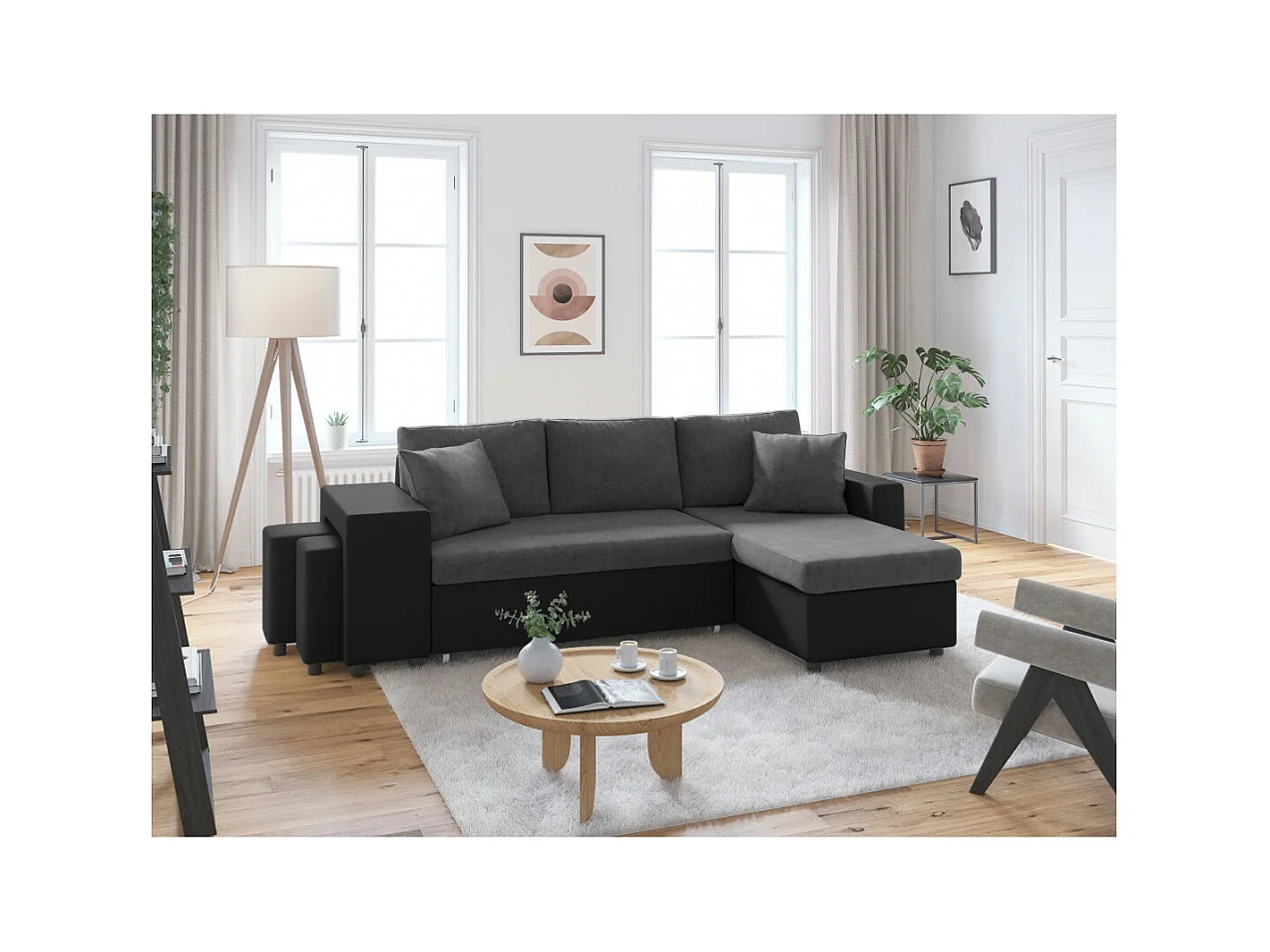 Canapé d'angle 3 places réversible Oslo avec coffre et poufs gauche en bi-matière - Noir/Gris - L241 x P146 x H81cm - Loungitude