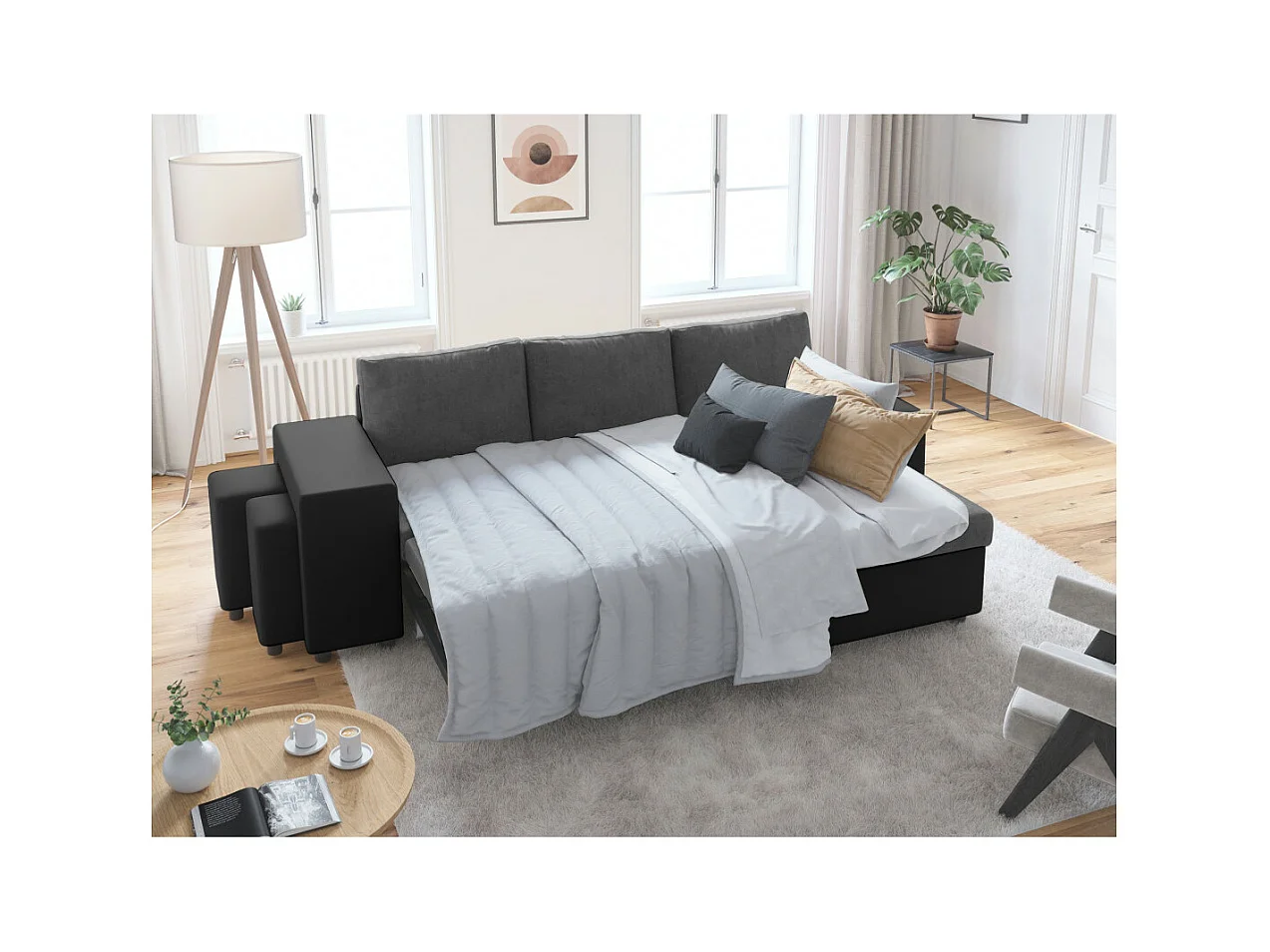 Canapé d'angle 3 places réversible Oslo avec coffre et poufs gauche en bi-matière - Noir/Gris - L241 x P146 x H81cm - Loungitude