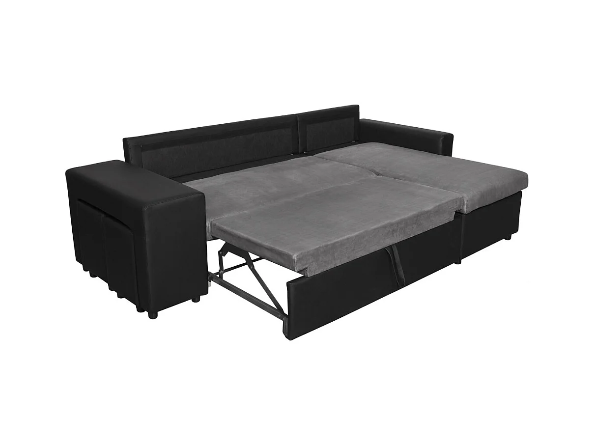 Canapé d'angle 3 places réversible Oslo avec coffre et poufs gauche en bi-matière - Noir/Gris - L241 x P146 x H81cm - Loungitude