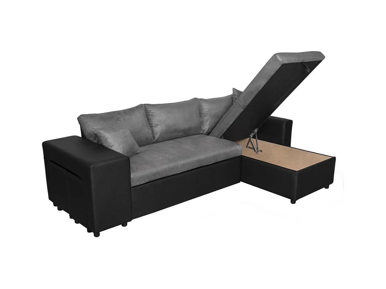 Canapé d'angle 3 places réversible Oslo avec coffre et poufs gauche en bi-matière - Noir/Gris - L241 x P146 x H81cm - Loungitude