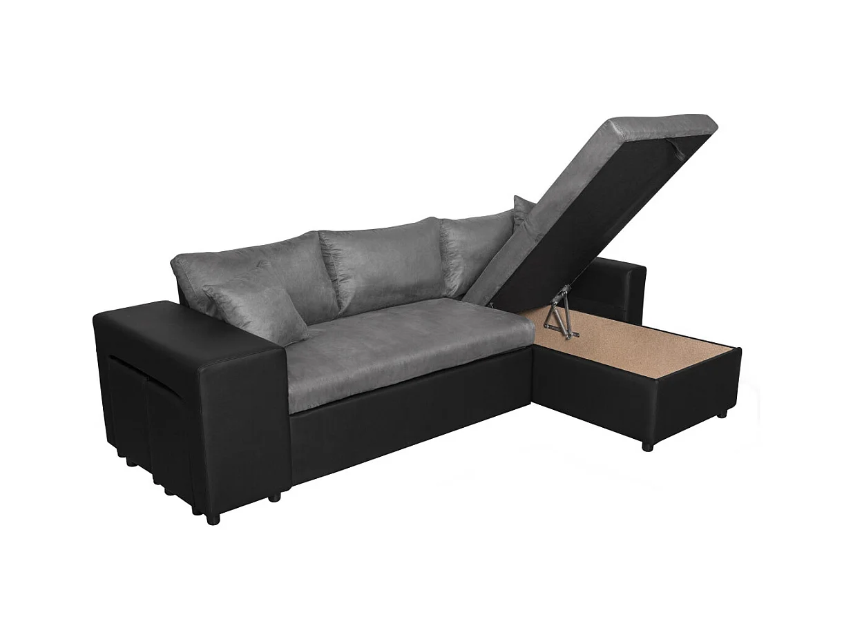 Canapé d'angle 3 places réversible Oslo avec coffre et poufs gauche en bi-matière - Noir/Gris - L241 x P146 x H81cm - Loungitude