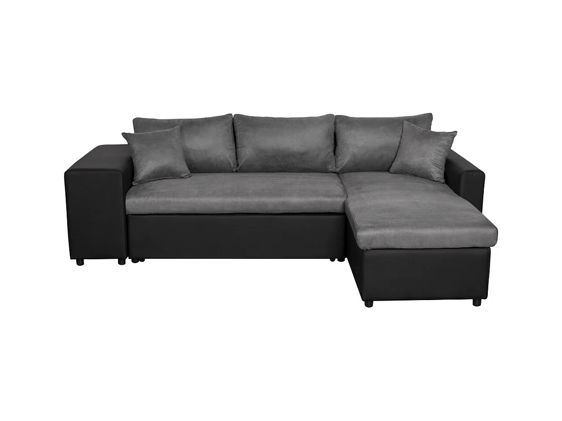 Canapé d'angle 3 places réversible Oslo avec coffre et poufs gauche en bi-matière - Noir/Gris - L241 x P146 x H81cm - Loungitude