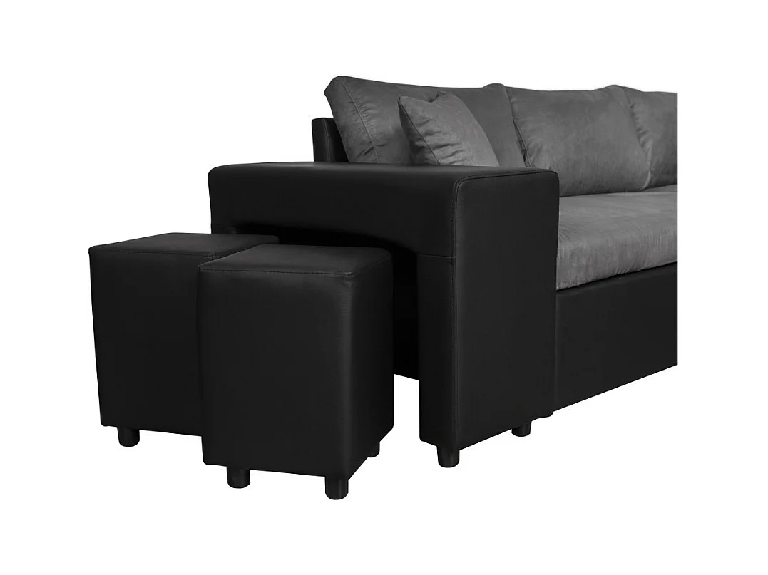 Canapé d'angle 3 places réversible Oslo avec coffre et poufs gauche en bi-matière - Noir/Gris - L241 x P146 x H81cm - Loungitude