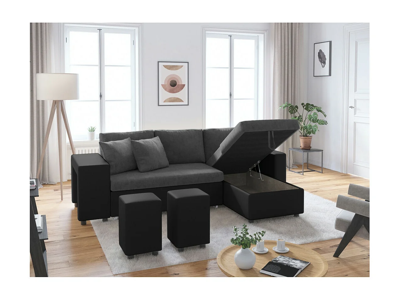 Canapé d'angle 3 places réversible Oslo avec coffre et poufs gauche en bi-matière - Noir/Gris - L241 x P146 x H81cm - Loungitude
