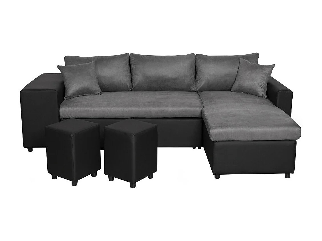 Canapé d'angle 3 places réversible Oslo avec coffre et poufs gauche en bi-matière - Noir/Gris - L241 x P146 x H81cm - Loungitude