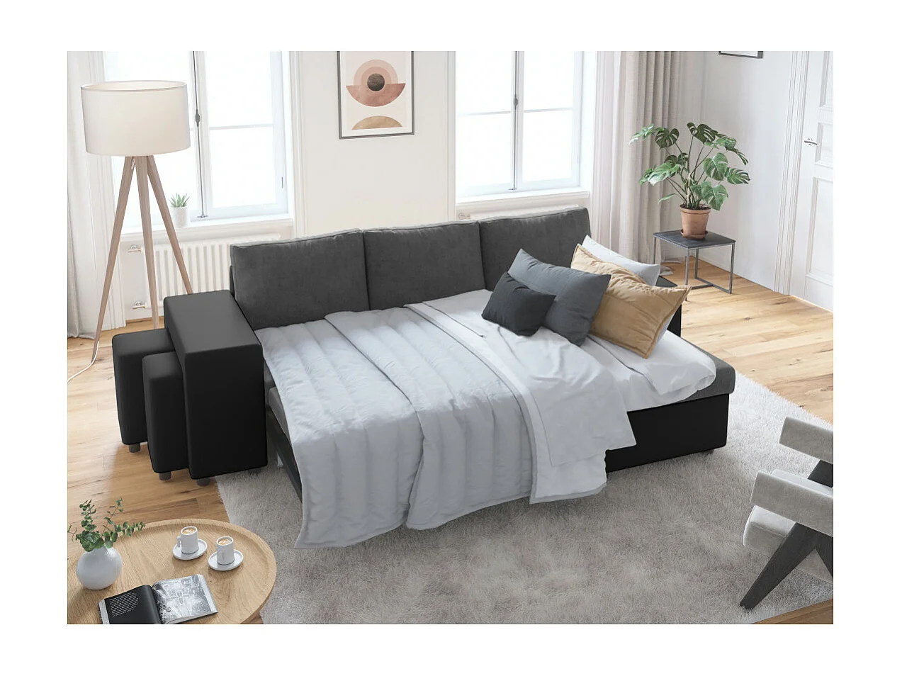 Canapé d'angle 3 places réversible Oslo avec coffre et poufs gauche en bi-matière - Noir/Gris - L241 x P146 x H81cm - Loungitude