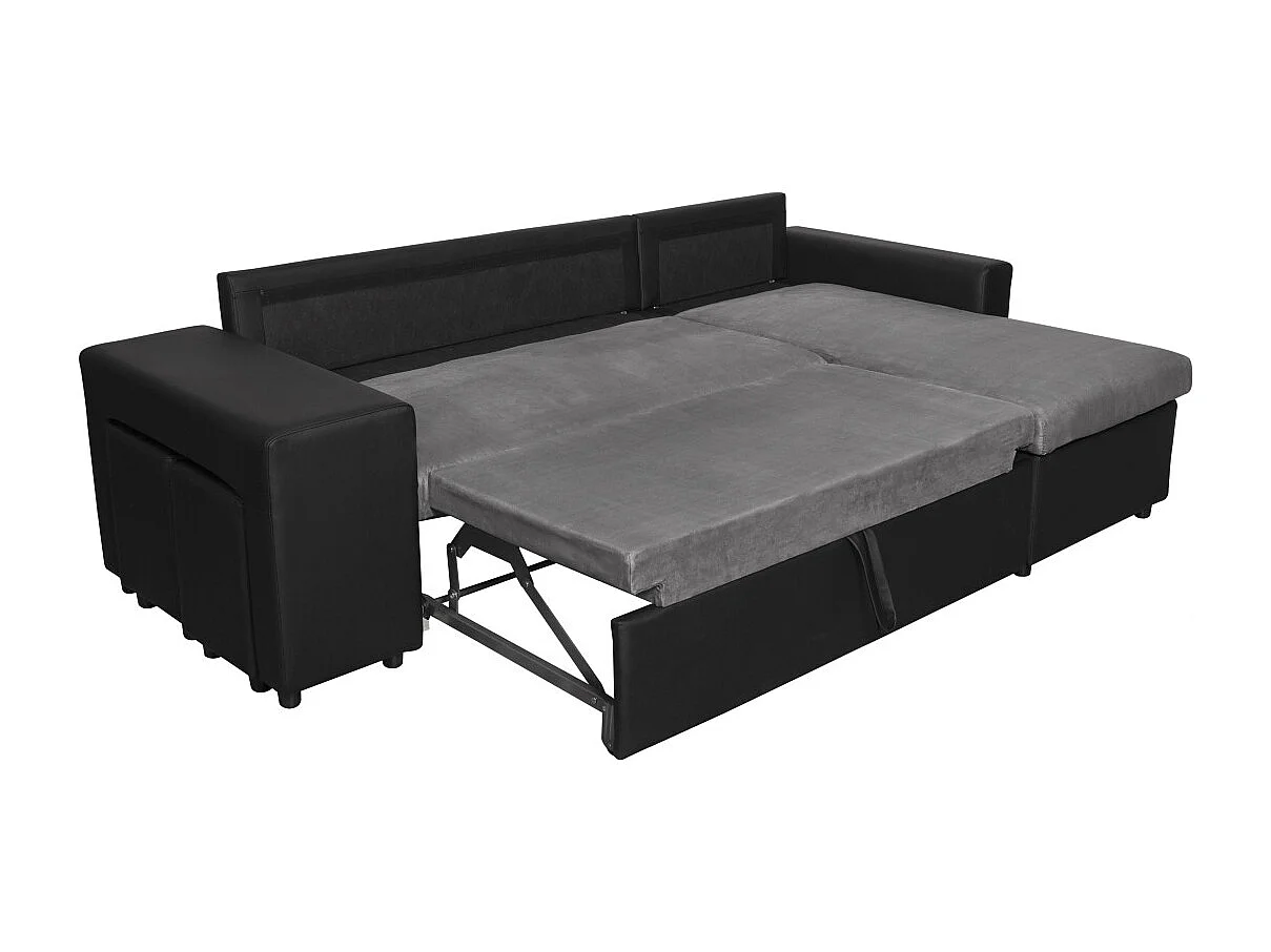Canapé d'angle 3 places réversible Oslo avec coffre et poufs gauche en bi-matière - Noir/Gris - L241 x P146 x H81cm - Loungitude