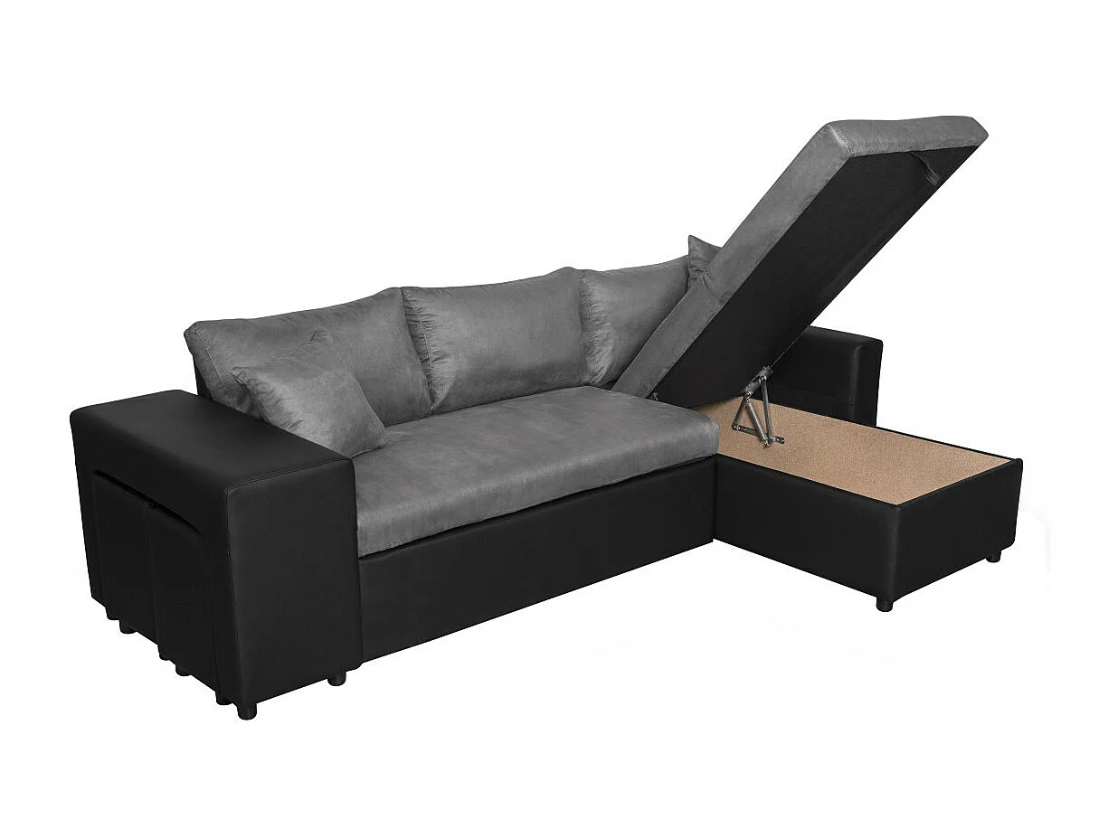 Canapé d'angle 3 places réversible Oslo avec coffre et poufs gauche en bi-matière - Noir/Gris - L241 x P146 x H81cm - Loungitude