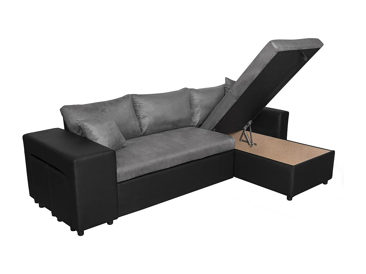 Canapé d'angle 3 places réversible Oslo avec coffre et poufs gauche en bi-matière - Noir/Gris - L241 x P146 x H81cm - Loungitude