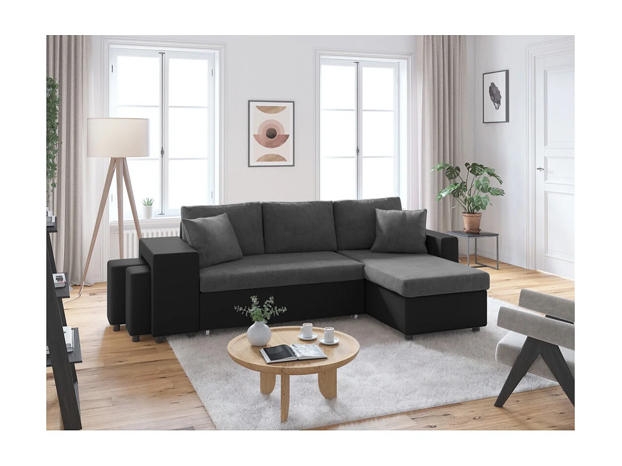 Canapé d'angle 3 places réversible Oslo avec coffre et poufs gauche en bi-matière - Noir/Gris - L241 x P146 x H81cm - Loungitude