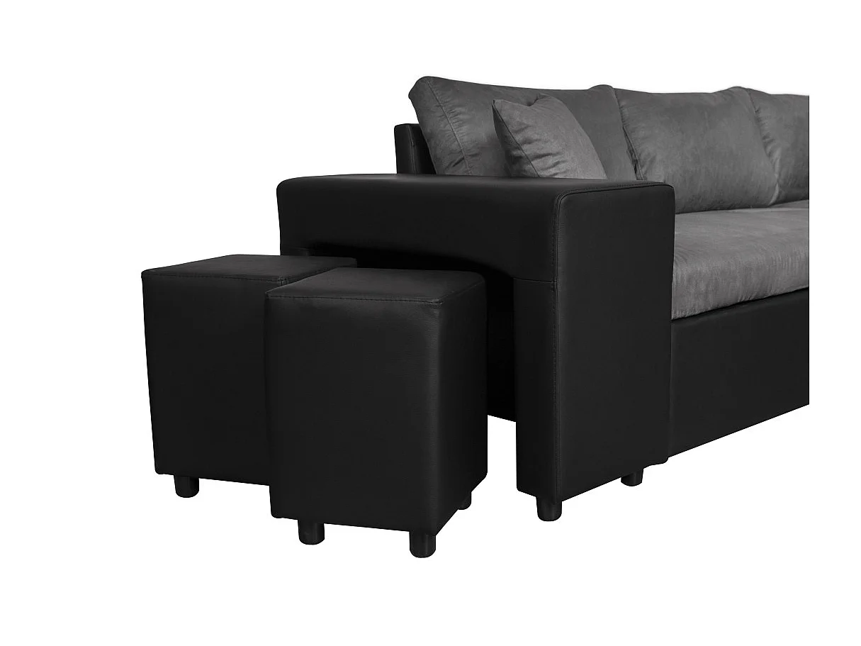 Canapé d'angle 3 places réversible Oslo avec coffre et poufs gauche en bi-matière - Noir/Gris - L241 x P146 x H81cm - Loungitude