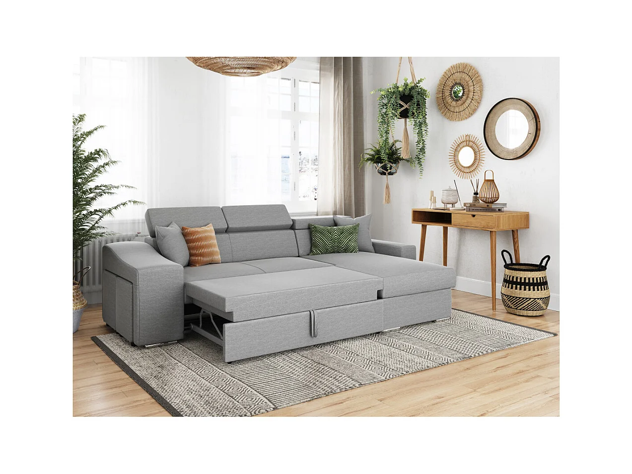 Canapé d'angle Elona Convertible en tissu gris clair avec poufs de rangement à gauche - L264 x P162 x H75cm - Loungitude