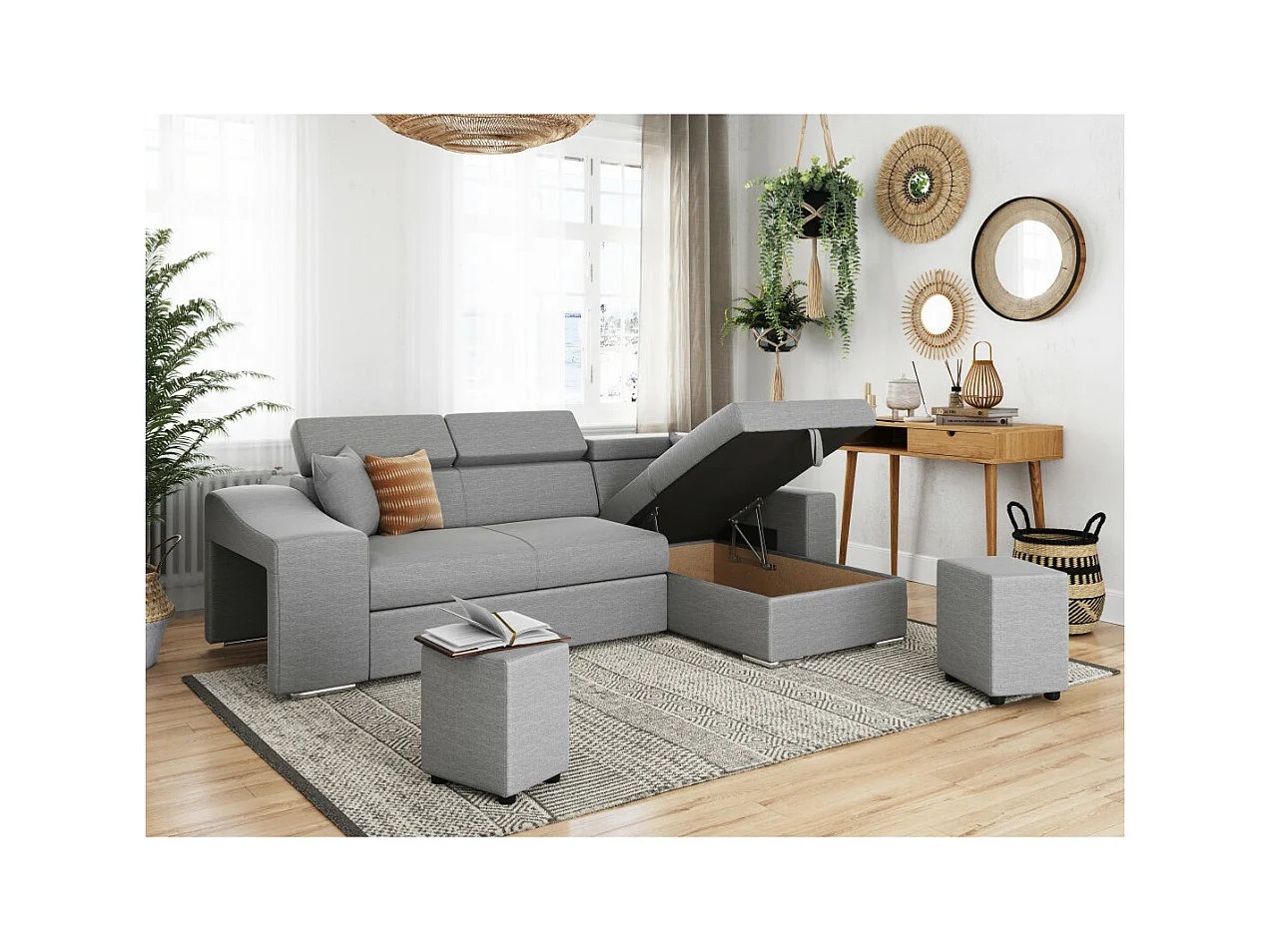 Canapé d'angle Elona Convertible en tissu gris clair avec poufs de rangement à gauche - L264 x P162 x H75cm - Loungitude