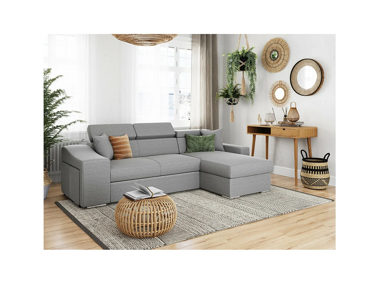 Canapé d'angle Elona Convertible en tissu gris clair avec poufs de rangement à gauche - L264 x P162 x H75cm - Loungitude