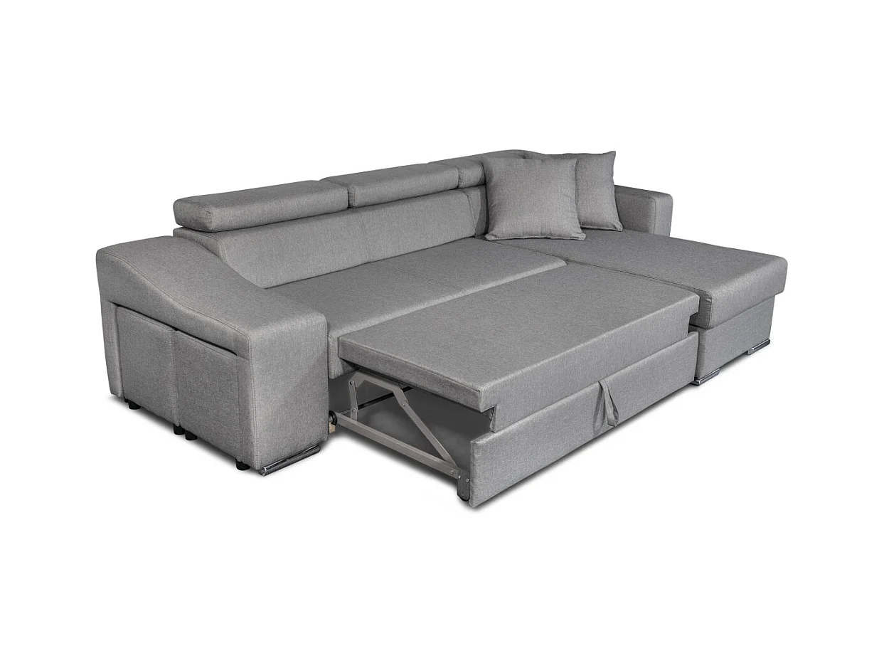Canapé d'angle Elona Convertible en tissu gris clair avec poufs de rangement à gauche - L264 x P162 x H75cm - Loungitude