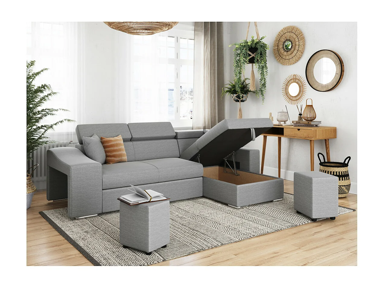 Canapé d'angle Elona convertible en tissu gris clair avec poufs de rangement à gauche - L264 x P162 x H75cm - Loungitude
