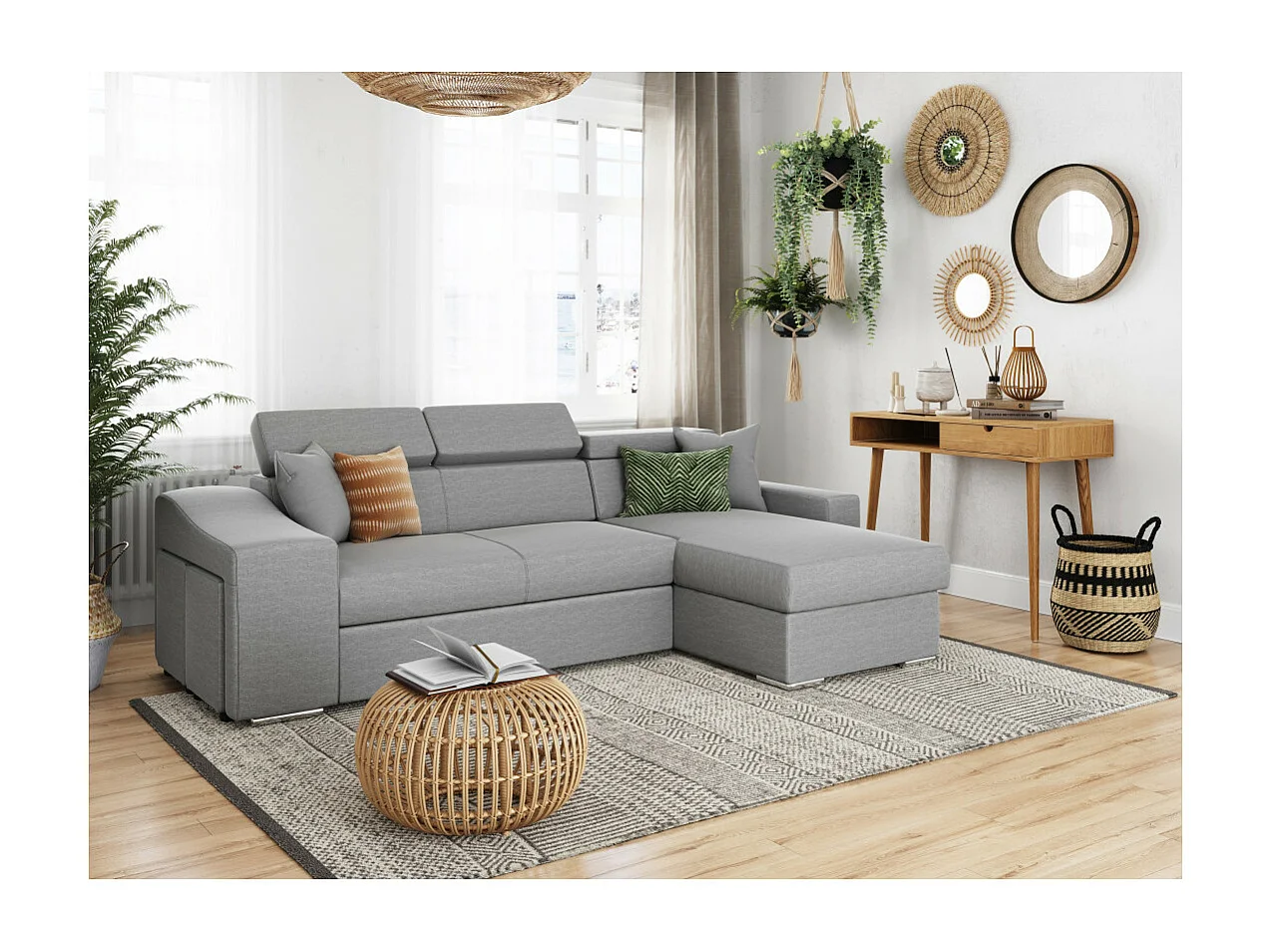 Canapé d'angle Elona convertible en tissu gris clair avec poufs de rangement à gauche - L264 x P162 x H75cm - Loungitude