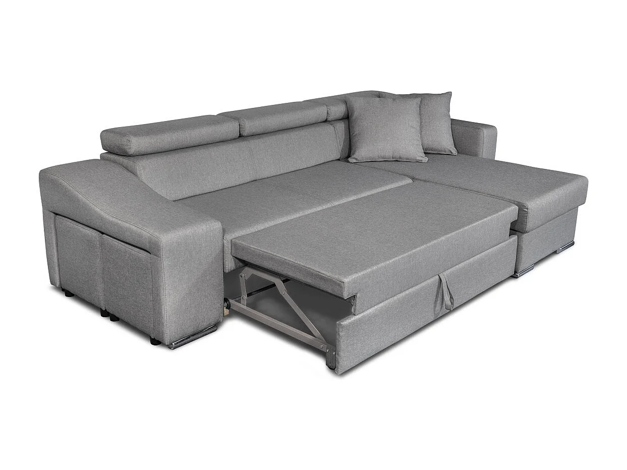 Canapé d'angle Elona convertible en tissu gris clair avec poufs de rangement à gauche - L264 x P162 x H75cm - Loungitude