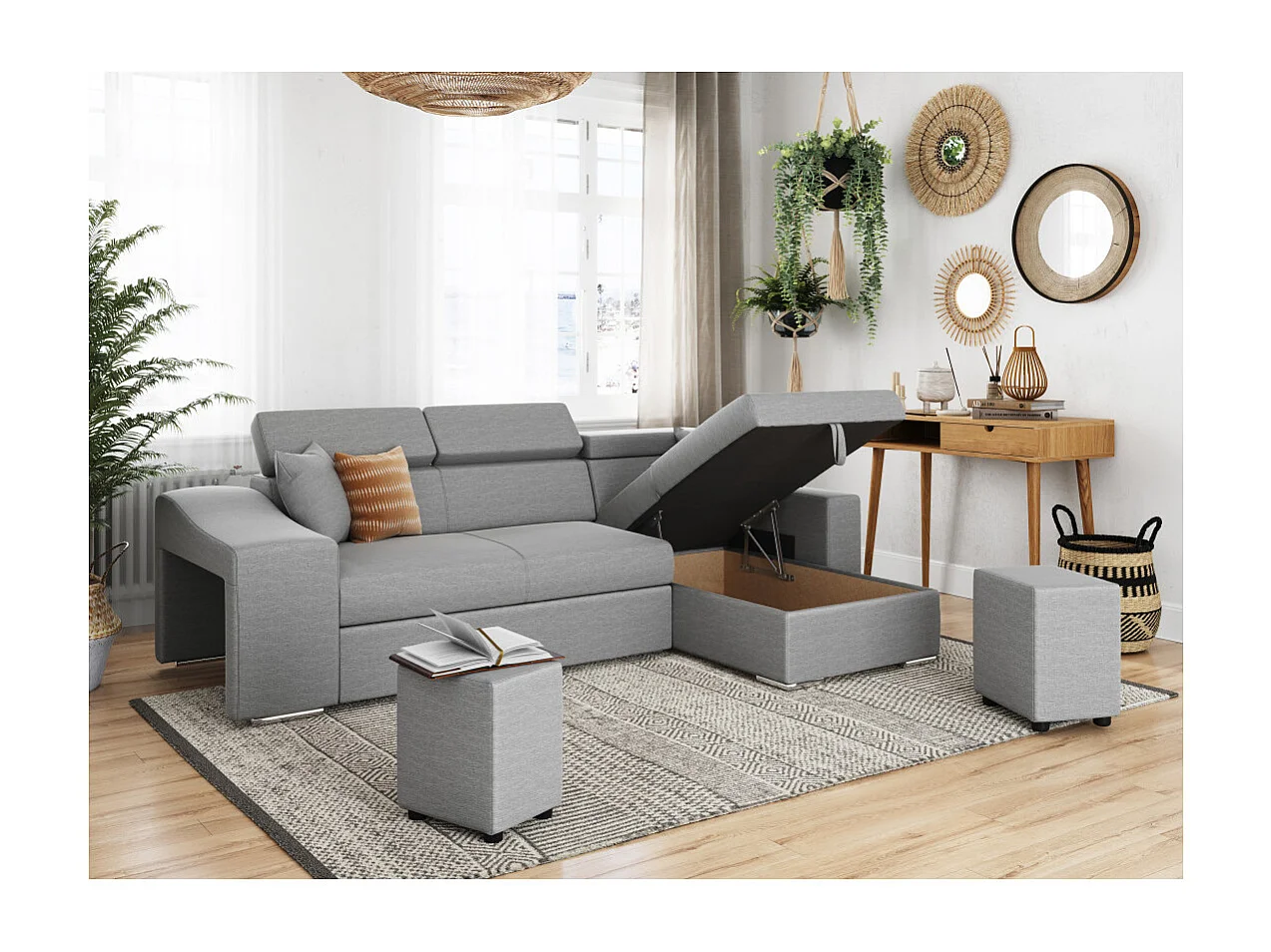 Canapé d'angle Elona convertible en tissu gris clair avec poufs de rangement à gauche - L264 x P162 x H75cm - Loungitude
