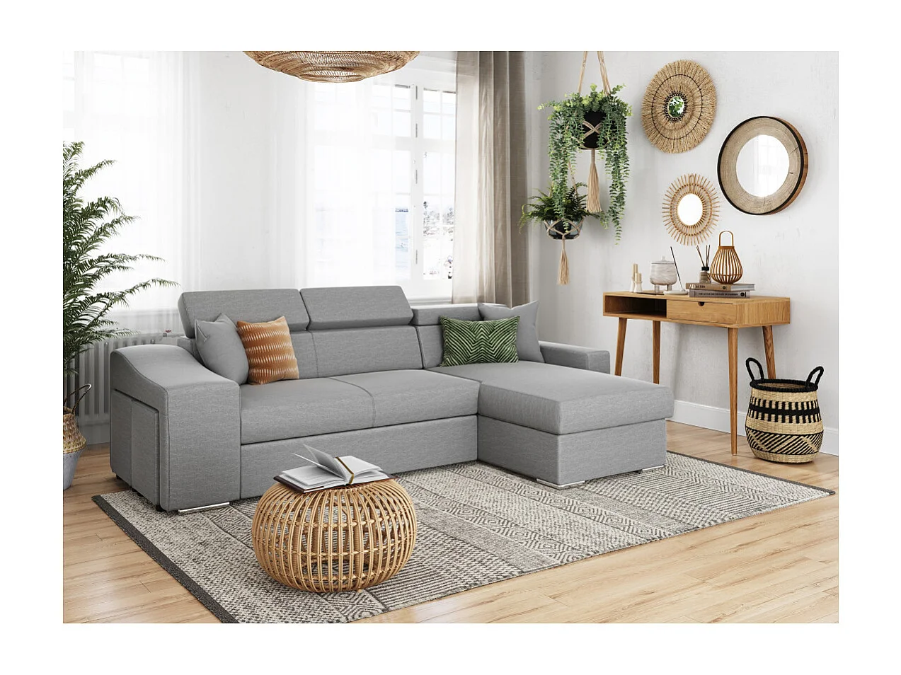 Canapé d'angle Elona convertible en tissu gris clair avec poufs de rangement à gauche - L264 x P162 x H75cm - Loungitude