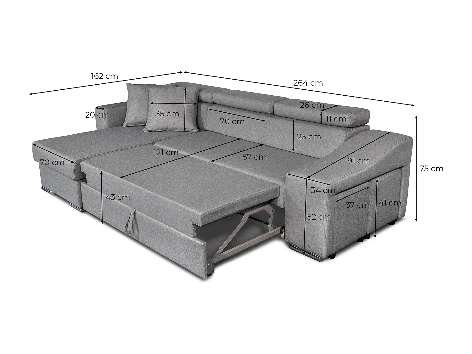 Canapé d'angle Elona convertible en tissu gris clair avec poufs de rangement à gauche - L264 x P162 x H75cm - Loungitude
