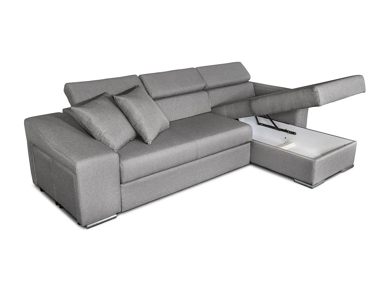 Canapé d'angle Elona convertible en tissu gris clair avec poufs de rangement à gauche - L264 x P162 x H75cm - Loungitude