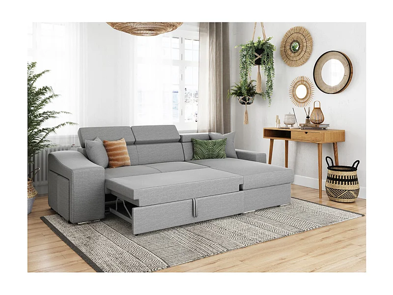 Canapé d'angle Elona convertible en tissu gris clair avec poufs de rangement à gauche - L264 x P162 x H75cm - Loungitude