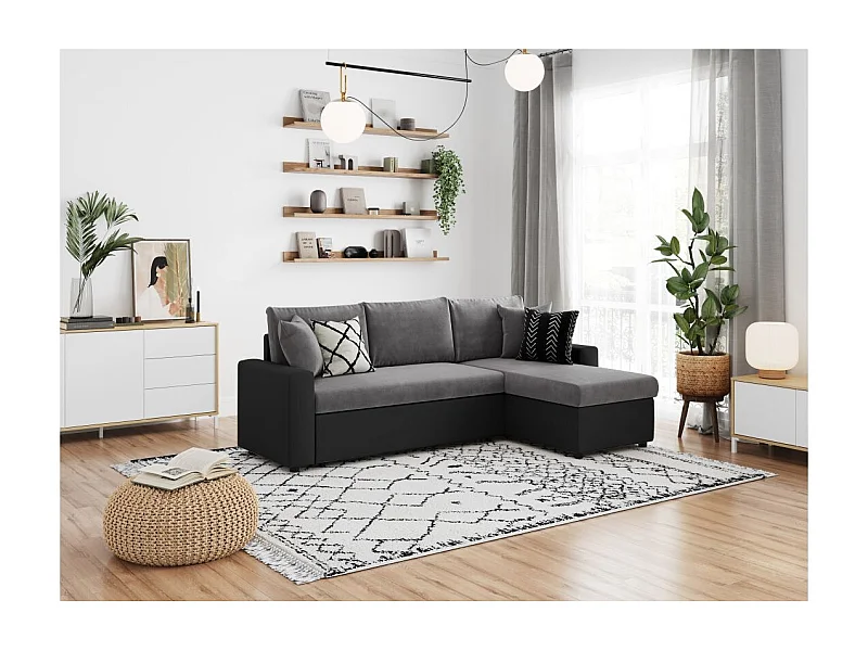 Canapé d'angle Maria Réversible et convertible avec Coffre en simili et microfibre - Gris/Noir - L227 x P146 x H81cm - Loungitude