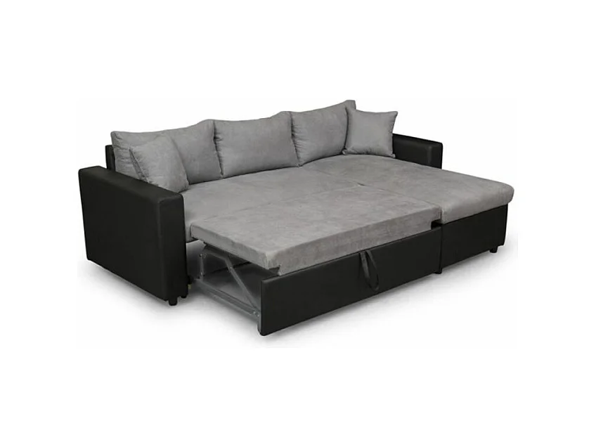 Canapé d'angle Maria Réversible et Convertible avec Coffre en simili et microfibre - Gris/Noir - L227 x P146 x H81cm - Loungitude