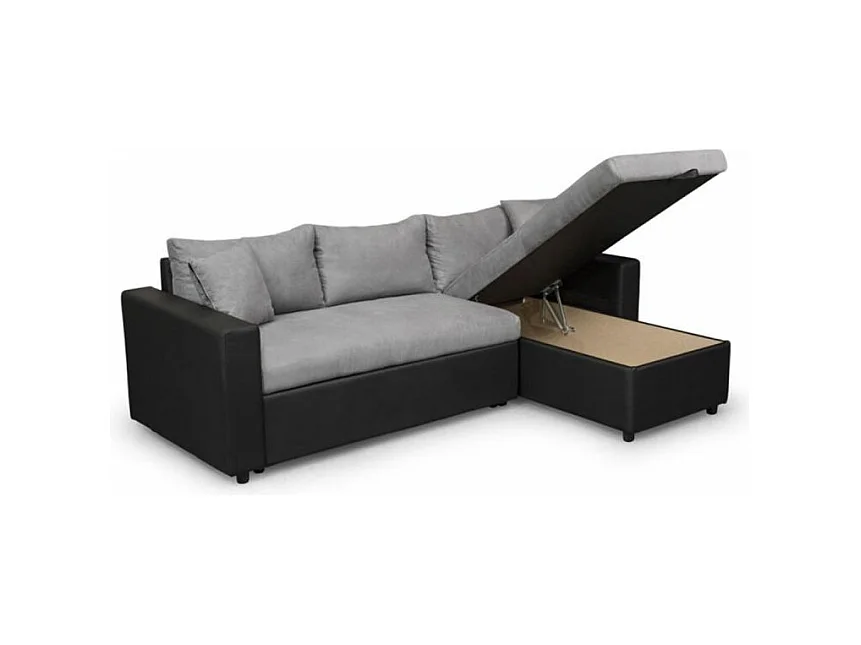 Canapé d'angle Maria Réversible et Convertible avec Coffre en simili et microfibre - Gris/Noir - L227 x P146 x H81cm - Loungitude