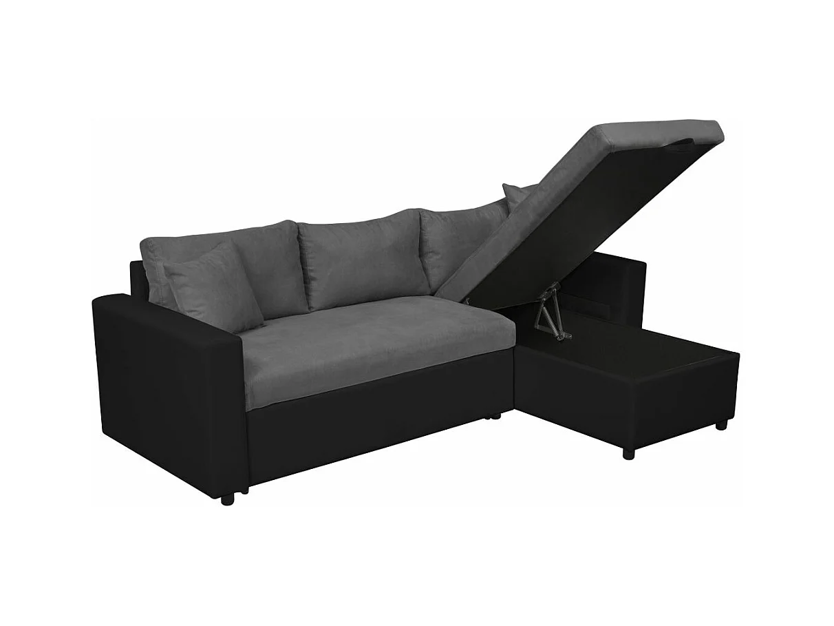Canapé d'angle Maria Réversible et Convertible avec Coffre en simili et microfibre - Gris/Noir - L227 x P146 x H81cm - Loungitude