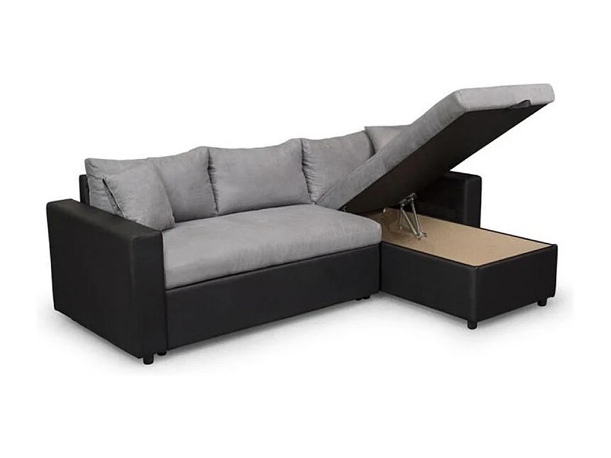 Canapé d'angle Maria Réversible et convertible avec Coffre en simili et microfibre - Gris/Noir - L227 x P146 x H81cm - Loungitude