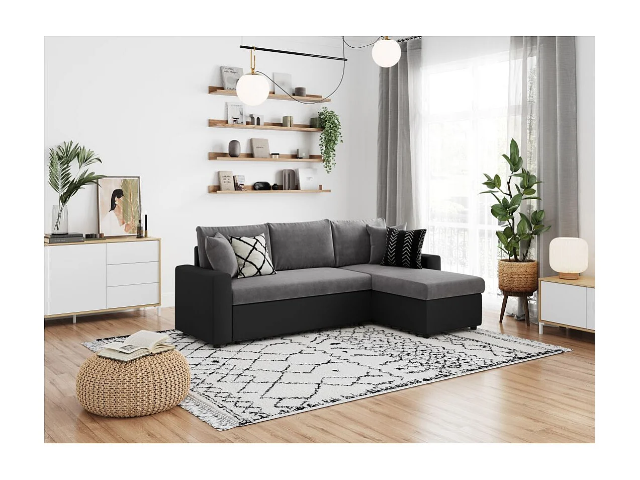 Canapé d'angle Maria Réversible et convertible avec Coffre en simili et microfibre - Gris/Noir - L227 x P146 x H81cm - Loungitude