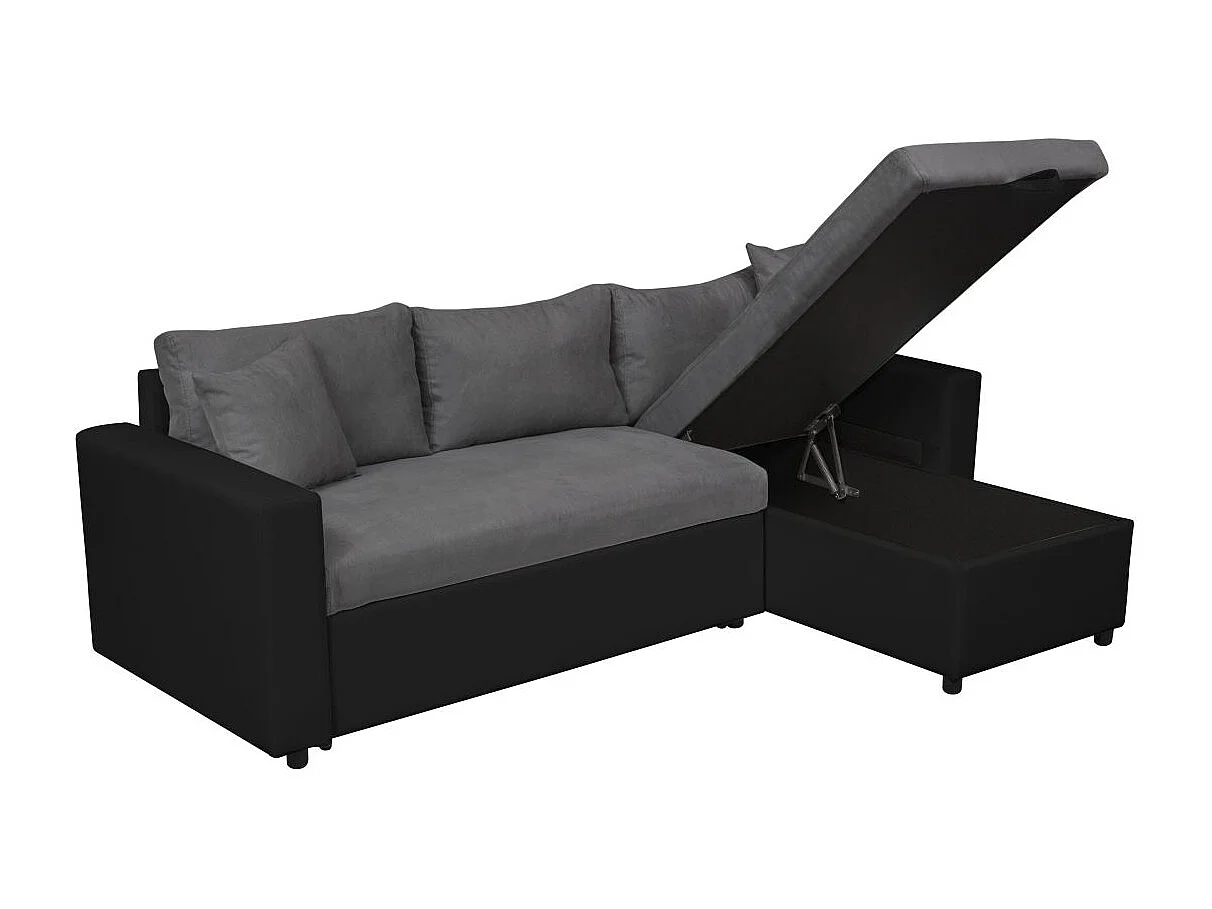 Canapé d'angle Maria Réversible et convertible avec Coffre en simili et microfibre - Gris/Noir - L227 x P146 x H81cm - Loungitude