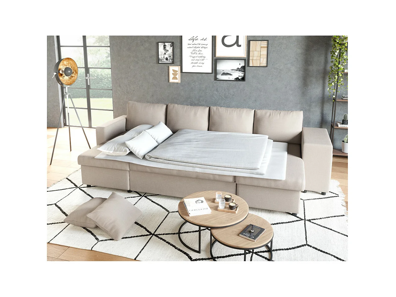 Canapé d'angle panoramique Oslo convertible avec coffres et poufs à droite - Tissu - Beige - L311 x P146 x H81cm - Loungitude
