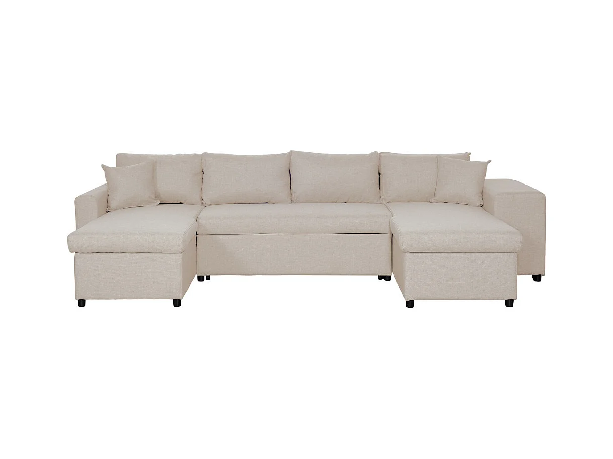 Canapé d'angle panoramique Oslo convertible avec coffres et poufs à droite - Tissu - Beige - L311 x P146 x H81cm - Loungitude
