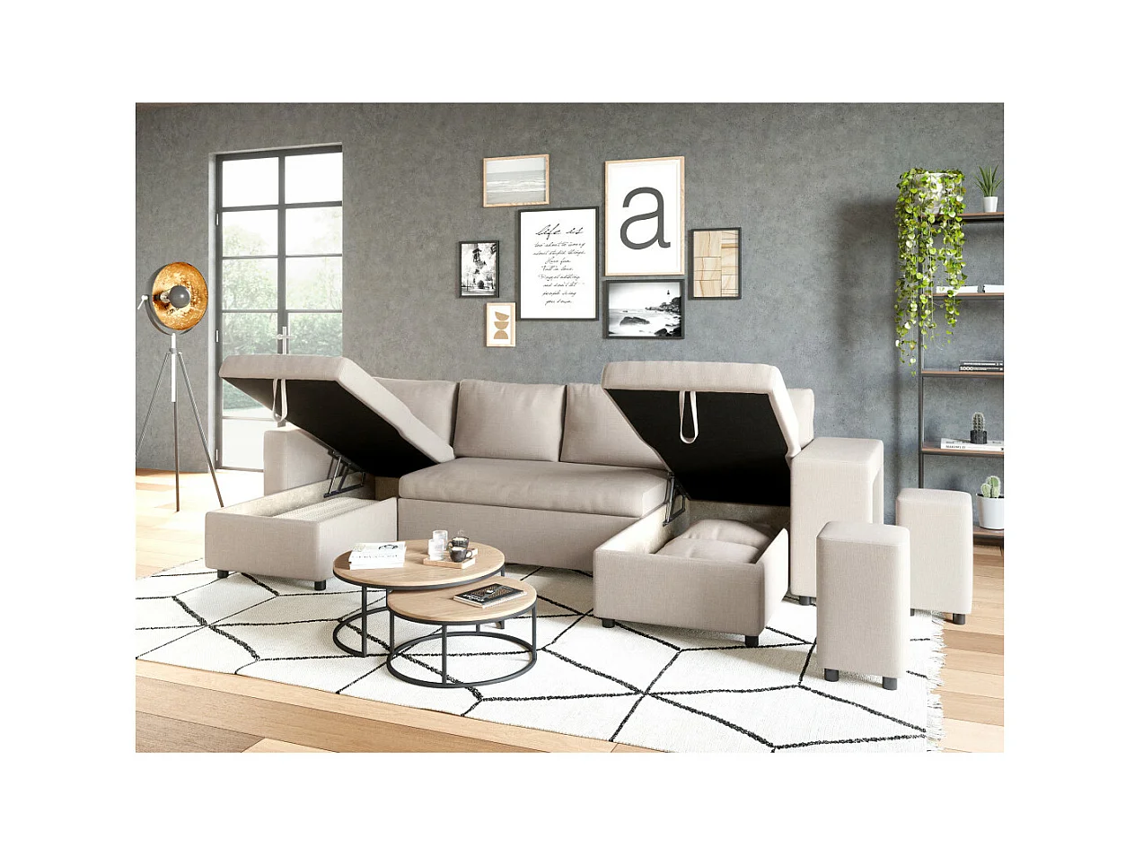 Canapé d'angle panoramique Oslo convertible avec coffres et poufs à droite - Tissu - Beige - L311 x P146 x H81cm - Loungitude