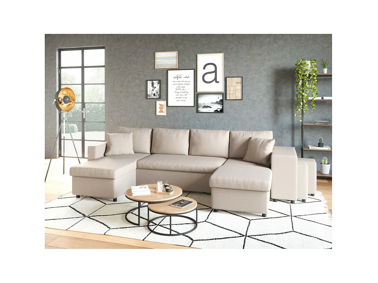 Canapé d'angle panoramique Oslo convertible avec coffres et poufs à droite - Tissu - Beige - L311 x P146 x H81cm - Loungitude