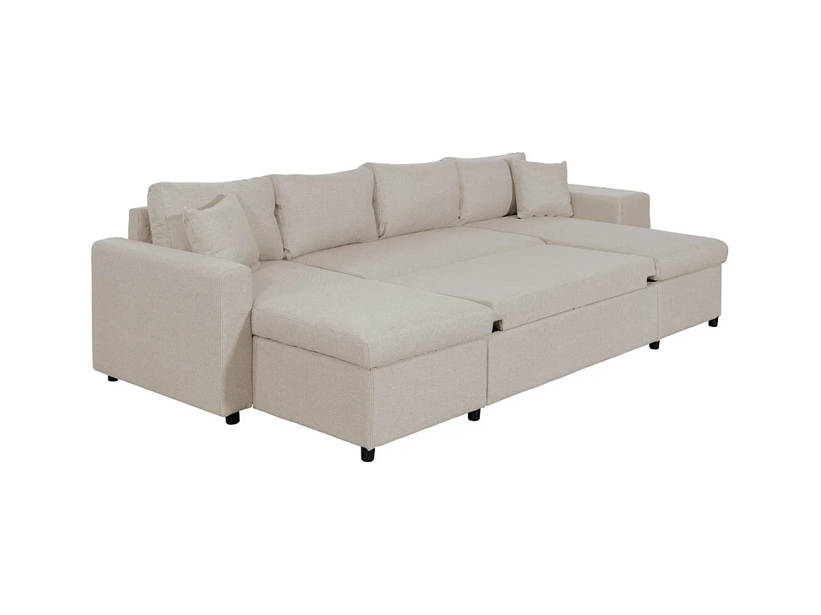 Canapé d'angle panoramique Oslo convertible avec coffres et poufs à droite - Tissu - Beige - L311 x P146 x H81cm - Loungitude